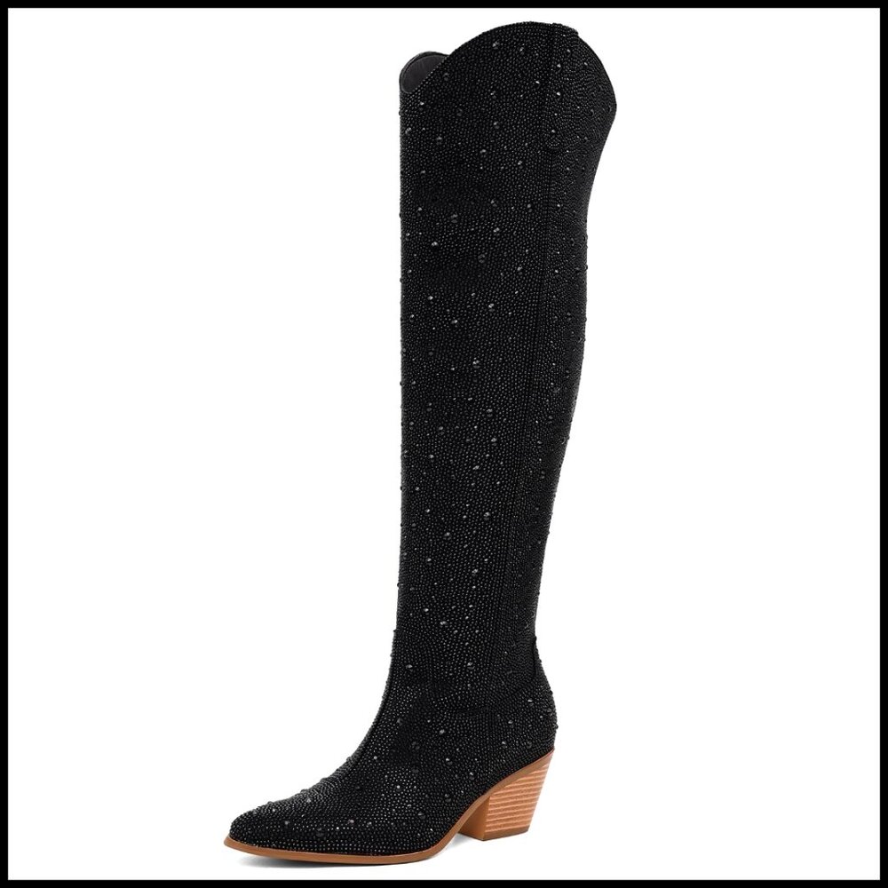 Rhinestone Over the Knee Cowboy Boots Sparkly Western Thigh High Chunky Heel